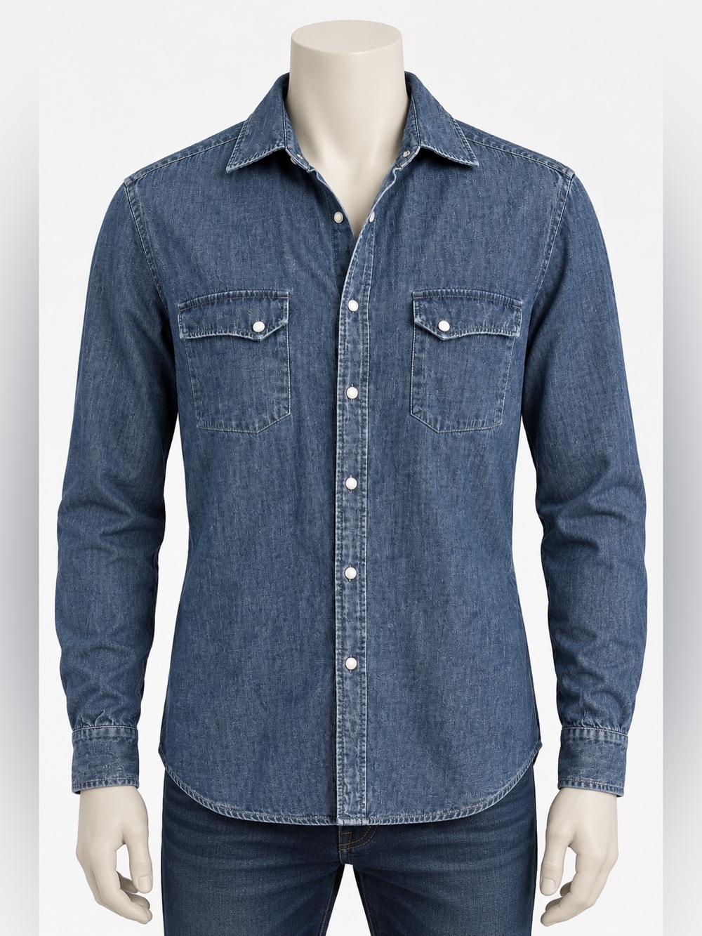 Ari Blue Denim Chambray Snap Button Down Western Shirt Long Sleeve Two Pocket